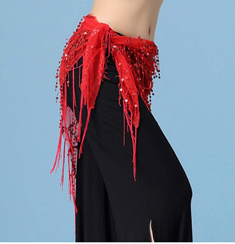 Lauthen.S Women Belly Dance Hip Scarf, Sequin Tassels Triangle Tribal Wrap Skirt Waist Chain Red - Image 3